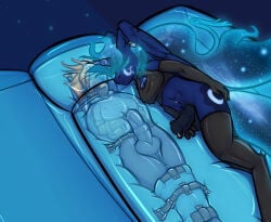 2017 anthro anthrofied areola armwear bdsm blue_theme bondage bound clothing duo elbow_gloves equid equine erection friendship_is_magic genital_piercing genitals gloves gynomorph handwear hasbro horn intersex krd latex legwear mammal my_little_pony mythological_creature mythological_equine mythology pegasus penis penis_piercing piercing princess_luna_(mlp) restraints sleeping sparkles spitfire_(mlp) stockings straitjacket winged_unicorn wings wonderbolts_(mlp)