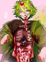 1boy absurdres animal_ears black_shirt blood blood_from_mouth blood_on_hand candy food gore green_eyes green_hair green_jacket grin guro hair_between_eyes hand_up happy_tree_friends highres humanization intestines jacket lollipop long_sleeves looking_at_viewer lungs male_focus mary_felizola nutty_(htf) organs pink_background puffy_long_sleeves puffy_sleeves shirt smile solo squirrel_boy squirrel_ears tearing_up torn_clothes torn_shirt upper_body