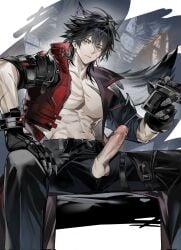 1boy abs animal_ear_fluff animal_ears arknights arknights:_endfield black_hair black_pants brown_gloves bullet closed_mouth coat commentary cropped_legs dog_tags dual_wielding erection extra_ears gloves gun handgun highres holding holding_gun holding_weapon jacket looking_at_viewer male_focus naked_jacket orange_eyes pants pectoral_cleavage pectorals penis red_coat scar scar_on_arm scar_on_chest scar_on_pecs short_hair sitting solo spread_legs tail testicles weapon wolf_boy wolf_ears wolf_tail wulfgard_(arknights) zhangjianguo