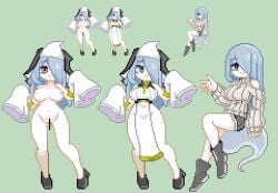 1girl :> :d alternate_costume bar_censor black_boots black_shoes blue_hair boots censored commentary_request covered_groin cross cross_necklace full_body green_background groin hair_over_one_eye himitsu_houjin_death_maker hitsugi_(death_maker) jewelry keykey117117 long_hair multiple_views necklace nipples pixel_art raised_eyebrows ribbed_sweater shoes sleeves_past_fingers sleeves_past_wrists smile sweater very_long_hair white_loincloth