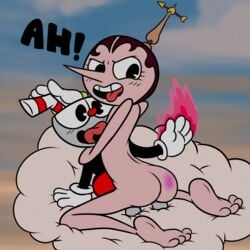 2017 4_toes animate_inanimate ass barefoot bluejr blush brown_hair clothing cloud clouds cowgirl_position cuphead cuphead_(game) duo english_text eyelashes feet female female_on_top gloves handwear hilda_berg human human_on_humanoid humanoid interspecies looking_back looking_pleasured male mammal naughty_face nude object_head open_mouth short_hair soles spanked spanking straight text toes tongue tongue_out