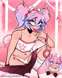 candy crop_top femboy femboy_only feminine_male fuzzy_handcuffs handcuffs lollipop merchandise multicolored_hair on_bed panties pigtails pink_hair pink_handcuffs pinup plushie sammyjam skirt skirt_around_legs white_thighhighs woomi_(sammyjam)