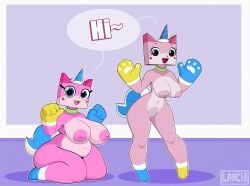 2026 anthro areola big_breasts blue_eyes blue_horn blue_tail breasts cartoon_network dialogue domestic_cat duo english_text equid equine eyelashes felid feline felis female fur genitals hi_res horn hybrid lego looking_at_viewer mammal mklancer00 multicolored_tail mythological_creature mythological_equine mythology nipples nude open_mouth pink_areola pink_body pink_fur pink_nipples speech_bubble tail text the_lego_movie thick_thighs unicorn unicorn_horn unikitty unikitty! vulva white_paws white_tail wide_hips