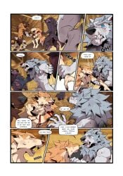 8_panel_comic altair_(patto) animal_genitalia anthro arm_grab blood_on_arm blue_sclera border brown_body brown_fur canid canine canis comic dialogue english_text facial_scar fangs fur furniture genitals grey_body grey_fur grey_hair group hair hi_res inside luca_(patto) male mammal multiple_scenes mythological_canine mythological_creature mythology name_in_dialogue nio_(patto) nude on_table patto pushing_away scar sheath sitting sitting_on_table table tail tan_body tan_fur teeth text werecanid werecanine werecreature werewolf white_body white_border wolf worried wounded yellow_sclera