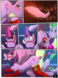 2017 absurd_res alicorn blush cervix christmas clothing comic digital_media_(artwork) dragon duo equine eyelashes female friendship_is_magic green_eyes hair hi_res holidays horn horse legwear mammal my_little_pony one_eye_closed open_mouth oral pony pussy scalie sex sex_toy smooth_skin spike_(mlp) tail_grab tongue tongue_out twilight_sparkle_(mlp) twotail813 wings