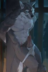 1sharkwonder absurd_res angry anthro blue_eyes bound canid canine canis clothed clothing erection genitals hands_tied hi_res knot knotted_penis male mammal muscular muscular_male partially_clothed penis scar solo standing underwear underwear_down vein veiny_penis wolf