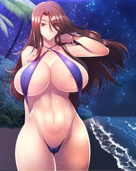 beach bikini breasts brown_eyes brown_hair curvy female gundam gundam_00 haganef huge_breasts long_hair looking_at_viewer sling_bikini solo sumeragi_lee_noriega swimsuit water wide_hips