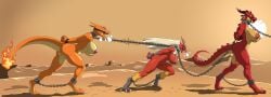 absurd_res anthro areola athletic athletic_female ball_gag big_breasts blaziken bodily_fluids bound bound_together breasts chain charizard collar desert dragon female female_anthro gag generation_1_pokemon generation_3_pokemon genitals group hands_behind_back hi_res horn leash metal muscular mythological_creature mythological_scalie mythology nintendo nipples nude pink_areola pink_nipples pokemon pokemon_(species) red_body rope scalie sex_slave slave struggling sweat trio vulva zavni