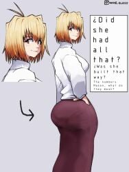 1girl antenna_hair arcueid_brunestud arrow_(symbol) artist_name ass ass_bigger_than_head ass_focus blonde_hair blush breasts butt english_text from_behind grey_background hair_between_eyes hand_on_own_hip highres huge_ass long_skirt looking_at_viewer looking_back nameglass panties_visible_through_clothes purple_skirt red_eyes sideboob single_hair_intake skirt smile solo standing sweater tsukihime turning_head turtleneck turtleneck_sweater white_sweater