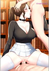 1girl ai_assisted ai_generated beautiful_eyes bright_pupils cat_ears cock_in_pussy collar collarbone creampie deepthroat detailed_background group_sex inside kneeling library makeup moaning parted_bangs ponytail pussy_sex saliva shaking side_view source_anime spread_legs white_stockings