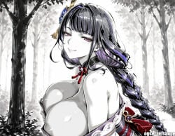 1girl ai_generated bare_shoulders braid braided_ponytail breasts forest hair_ornament japanese_clothes kimono large_breasts long_hair looking_at_viewer mole mole_under_eye monochrome nature nipples off_shoulder ogsecretsauce outdoors purple_eyes purple_hair questionable raiden_shogun smile solo spot_color tree upper_body