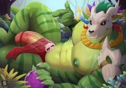 absurd_res anthro barazoku big_muscles big_pecs big_penis black_sclera bone bone_mask bottomwear clothed clothing forest genitals green_body green_scales grin half-erect hi_res humanoid_genitalia humanoid_penis jewelry lihzahrd lizard loincloth loincloth_only looking_at_viewer male mask muscular muscular_anthro muscular_male necklace nipples one_eye_closed pecs penis plant potion reclining reptile scales scalie sharp_teeth skull skull_mask smile solo taetae teeth terraria thick_penis topless tree tribal vein veiny_penis wink winking_at_viewer witch_doctor_(terraria) yellow_eyes