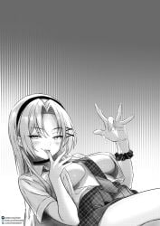1girl absurdres after_handjob between_breasts breasts bubblebebe bubblebebe_(artist) clothes_between_breasts cum cum_on_body cum_on_hands earrings finger_to_mouth hair_ornament hairclip headband highres indie_virtual_youtuber jewelry licking licking_finger long_hair medium_breasts mole mole_under_eye necktie necktie_between_breasts open_clothes open_shirt pleated_skirt scrunchie simple_background skirt solo virtual_youtuber wrist_scrunchie