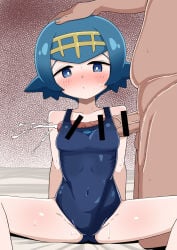 1boy 1girl bare_shoulders blue_eyes blue_hair blue_one-piece_swimsuit blush breasts censored clothed_female_nude_male commentary_request covered_navel cum ejaculation erection hairband headpat hetero highres katajin_329 lana_(pokemon) looking_at_viewer naizuri nude one-piece_swimsuit paizuri penis pokemon pokemon_sun_and_moon short_hair sitting small_breasts spread_legs swimsuit textless_version yellow_hairband