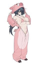 bikini blush cleavage curvy djmax embarrassed from_side full_body large_breasts looking_down onesie open_onesie pig_costume pink_bikini pink_onesie standing