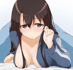 :o black_eyes black_hair blush breasts female highres hinata_masaki katou_megumi long_hair looking_at_viewer lying medium_breasts nipples on_stomach open_pajamas pajamas saenai_heroine_no_sodatekata solo under_covers