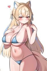 arm_up blue_bikini blush closed_mouth curvy embarrassed fuwawa_abyssgard hand_on_breast heart hololive looking_at_viewer micro_bikini pingun sweatdrop thick_thighs virtual_youtuber voluptuous wide_hips