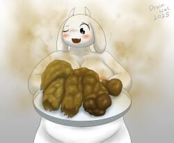 2025 anthro areola big_breasts blush breasts drain_scat embarrassed feces feces_on_plate feces_pile female fur hi_res holding_object holding_plate mammal navel nude one_eye_closed plate presenting simple_background smell smelly solo standing toriel undertale_(series) white_background white_body white_fur