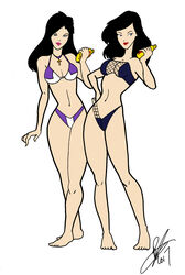 2girls bikini birds_of_prey bottle brunette clothed dc dc_comics helena_bertinelli huntress_(dc) inspector97 killer_lotion lotion sunscreen swimsuit