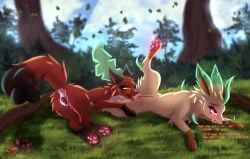 animal_genitalia animal_vulva anus astralia bodily_fluids canid canine canine_genitalia canine_vulva cunnilingus drooling duo eeveelution english_text female female/female feral fox fur generation_4_pokemon generation_8_pokemon genital_fluids genitals grass hi_res humanoid_genitalia humanoid_genitalia_on_feral humanoid_vulva humanoid_vulva_on_feral leaf leafeon looking_pleasured lying mammal nickit nintendo oral orange_body orange_fur pawpads paws plant pokemon pokemon_(species) red_eyes saliva sex spread_legs spreading text thoughts tree vaginal vaginal_fluids vulva watermark white_body white_fur yellow_eyes