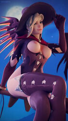 3d alternate_costume breasts breasts_out broom daintydjinn female female_only halloween mercy overwatch solo tagme witch witch_mercy