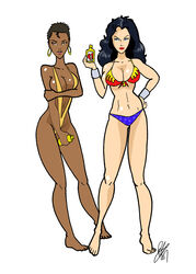 2girls bikini bottle clothed dark-skinned_female dark_skin dc_comics female female_only inspector97 justice_league killer_lotion lotion sunscreen swimsuit vixen_(dc) wonder_woman wonder_woman_(series)