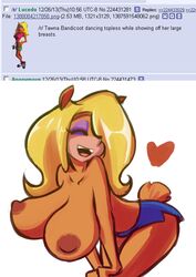 anthro bandicoot big_breasts blonde_hair brown_nipples crash_bandicoot_(series) dancing eyes_closed eyeshadow fupoo furry hair_over_one_eye heart heart_around_head large_breasts long_blonde_hair long_hair meme naughty_dog orange_fur tawna_bandicoot thick_thighs topless