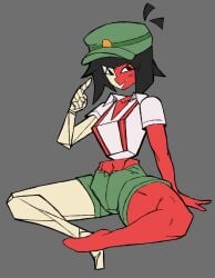 1girls abs athletic athletic_female black_eyes black_hair cap ena ena_(dream_bbq) ena_(series) female female_focus female_only grey_background looking_at_viewer muscular muscular_female red_body thick_thighs thighs two-tone_body white_body