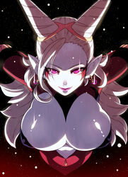 blonde_hair breasts busty cleavage demon_goddess_towa demoness double_bun dragon_ball dragon_ball_heroes dragon_ball_xenoverse earrings female goddess highres horns huge_breasts jewelry light_particles lipstick long_hair looking_at_viewer makeup navel outstretched_arms pearl_earrings pointy_ears purple_eyes purple_lipstick smile solo spread_arms tied_hair towa upper_body voluptuous white_skin