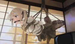 1girl 240mmap ahoge arms_behind_back ball_gag bdsm black_pantyhose blonde_hair bondage bound breast_bondage breasts brown_eyes drooling gag gagged highres hogtie indoors kasugano_sora looking_to_the_side pantyhose pleated_skirt restrained shibari shibari_over_clothes shirt skindentation skirt small_breasts solo suspension teeth twintails upper_teeth_only white_shirt wiffle_gag yosuga_no_sora