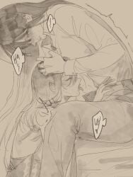 2girls after_cunnilingus between_legs blush closed_eyes collared_shirt commentary english_commentary highres lezissmitozer long_hair monochrome multiple_girls open_mouth pants path_to_nowhere pussy_juice rahu_(path_to_nowhere) shalom_(path_to_nowhere) shirt speech_bubble sweat tongue tongue_out trembling yuri