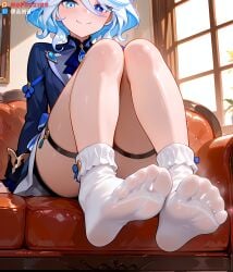 1boy 1girl ahoge armpits arms_behind_head arms_up black_gloves blue_eyes blue_hair blush breasts closed_mouth clothing coffee collarbone completely_nude couch cowlick cup drop-shaped_pupils feet female flat_chest furina_(genshin_impact) genshin_impact gloves hair_between_eyes hetero heterochromia indoors light_blue_hair loli mismatched_pupils multicolored_hair navel nipple_stimulation nipple_tweak nipples nofuckinggame nude on_couch saucer short_hair sitting small_breasts smile socks solo solo_focus stomach streaked_hair sweat tea teacup thighs twitter_logo two-tone_hair white_hair window