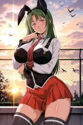 1girls academy_uniform_(bible_black) ai_generated animal_ears arm_under_breasts bare_ass bent_over bible_black bible_black_only blue_eyes blush breasts breasts_out bunny_ears chain-link_fence city_background clavicle clothing collarbone dusk dynamic_pose enigmata faithful_to_the_anime fake_animal_ears female female_only fence finger_to_mouth fully_clothed green_hair hairband head_tilt high_resolution indoors ito_mika leg_up legwear long_hair looking_at_viewer naughty necktie nipple_bulge outdoors parted_bangs parted_lips pleated_skirt presenting presenting_breasts puffy_nipples rooftop school school_rooftop school_uniform schoolgirl sexy_pose shirt shoes skirt skirt_lift solo solo_focus stockings suggestive suggestive_pose sunset suspenders teen teenage_female teenage_girl teenager thick_thighs thighhighs thighs uncensored upper_body vest