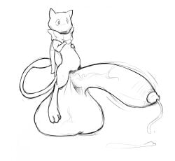 2015 anthro balls big_balls big_penis bodily_fluids cum cumshot ejaculation generation_1_pokemon genital_fluids genitals huge_balls huge_penis hyper hyper_balls hyper_genitalia hyper_penis legendary_pokemon male mew_(pokemon) monochrome nintendo penis pokemon pokemon_(species) saphiros scarf simple_background solo white_background