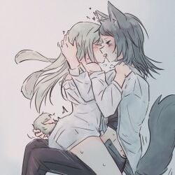 2girls animal_ears arknights bang_dream! bang_dream!_it's_mygo!!!!! black_hair black_pants black_shirt closed_eyes commentary_request frills futa_with_female futanari highres multiple_girls open_mouth pants rabbit_ears rabbit_girl rabbit_tail sex shirt simple_background straddling tail wakaba_mutsumi wakaba_mutsumi_(cautus) white_background white_shirt wolf_ears wolf_girl wolf_tail yahata_umiri yahata_umiri_(lupo) yakaze_(yakaze1604)