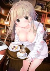 1girls bent_forward blush breasts breasts_out brown_hair cake coffee coffee_cup exposed_breasts female female_only hanging_breasts highres kimishima_ao laptop large_breasts leaning_forward long_hair nipples open_shirt open_sweater original shirt straight_hair sweater sweets