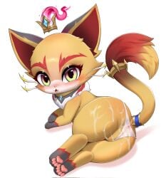 2025 blush bodily_fluids butt clothing crown cum cum_on_butt digital_drawing_(artwork) digital_media_(artwork) domestic_cat felid feline felis female female_feral feral fur fur_tuft genital_fluids gradient_eyes headgear hi_res league_of_legends looking_at_viewer lying mammal multicolored_body multicolored_fur neck_tuft on_side open_mouth open_smile panties paws quadruped rear_view red_body red_fur riot_games shaded simple_background smile soft_shading solo tencent translucent translucent_clothing translucent_panties translucent_underwear tuft underwear white_background white_body white_fur yellow_body yellow_fur yuumi_(lol) yuuni