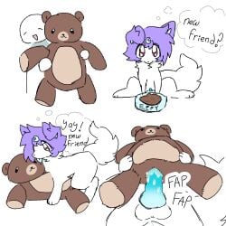 1:1 ambiguous_gender animal_genitalia animal_penis bowl canid canine canine_genitalia canine_penis comic container eepydoggy feral fluffy fluffy_tail genitals hair hi_res male male/ambiguous mammal penis pet_bowl plushie plushophilia purple_hair tail teddy_bear text