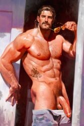 1boy abs absurdres ass bara biceps chest_hair closed_mouth commentary english_commentary erection facial_hair grand_theft_auto grand_theft_auto_vi highres holding holding_removed_eyewear jason_duval long_hair male_focus muscular muscular_male mustache navel nipples open_mouth pectorals penis qaisan sunglasses testicles unworn_eyewear
