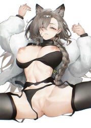 1girl arknights black_bra black_panties black_sweater black_thighhighs blur_censor bra braid breasts breasts_out brown_eyes brown_hair censored chromatic_aberration clothes_lift clothing_aside earrings ei_(eiei_e1) garter_belt highres jewelry large_breasts long_hair nipples official_alternate_costume panties panties_aside penance_(arknights) penance_(occasionally_flushed)_(arknights) pussy side_braid simple_background spread_legs sweater sweater_lift thighhighs underwear white_background