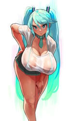 1girls alternate_breast_size bent_over big_breasts bikini bikini_top bikini_under_clothes blue_hair blue_nails breasts breasts_bigger_than_head cleavage cyan_hair eu03 female_only green_hair hand_on_hip hanging_breasts hatsune_miku hourglass_figure huge_breasts large_breasts long_breasts long_hair looking_at_viewer mini_skirt miniskirt school_uniform see-through short_skirt skirt solo standing thick_thighs tie twin_tails twintails vocaloid wet_shirt wet_t-shirt wide_hips