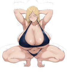 1girl barefoot breasts cleavage closed_eyes curvy exercise exercise_clothing feet female freya_(setawar) gigantic_breasts huge_breasts setawar_(coco) sit-ups solo spread_legs sweaty thick_hips thick_thighs toes voluptuous wide_hips