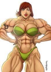 abs bare_shoulders big_muscles bikini breasts brown_hair extreme_muscles female female_only green_eyes lips lipstick looking_at_viewer muscles muscular muscular_female navel red_lips roemesquita solo tattoo thighs thong