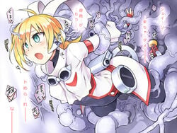 blaster_master blaster_master_zero blonde_hair blue_eyes blush bow eve_(blaster_master_zero) female fingerless_gloves gloves goggles goggles_around_neck hairbow open_mouth restrained tentacle text_focus tomoshibi_hidekazu white_bow white_gloves