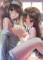 2girls age_difference black_hair blue_eyes blush bow breast_grab breast_sucking breasts brown_eyes dress grabbing hairband hairbow idolmaster idolmaster_cinderella_girls kein_hasegawa lactation large_breasts legs long_hair multiple_girls nipples off_shoulder open_mouth ribbed_sweater sagisawa_fumika sitting small_breasts strap_slip sweat sweater sweater_dress tachibana_arisu tank_top tongue tongue_out yuri