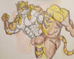 abs anthro bulge domestic_cat epic_games felid feline felis fighting_pose flexing fortnite fur legs_up male mammal meowscles meowtooth multicolored_body multicolored_fur muscular muscular_anthro pantherine pecs pose solo tiger traditional_media_(artwork) welyr