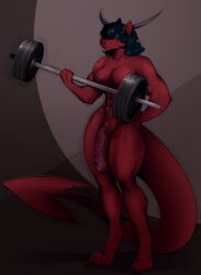 abs anthro big_breasts big_penis breasts chimera curvy_figure demon fake_anna genitals gynomorph hi_res horn intersex lifting muscular muscular_gynomorph muscular_intersex nude penis red_body solo thick_thighs vein veiny_penis