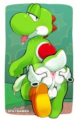 absurd_res anthro anus balls bedroom_eyes big_balls big_penis bodily_fluids butt clothing cum digital_media_(artwork) dinosaur disembodied_hand duo footwear foreskin forest genital_fluids genitals gloves green_body half-closed_eyes handwear hi_res humanoid_genitalia humanoid_penis looking_at_viewer male male/male mario_bros narrowed_eyes nintendo nude penis pink_anus pixelated plant precum prehistoric_species raised_leg reptile scales scalie seductive shell shoes simple_background smile solo_focus spicyramen spread_butt spreading tail tongue tongue_out tree white_penis yoshi yoshi_(character)