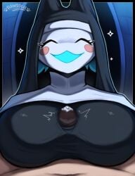 absurd_res android anthro blush bodily_fluids breast_play breasts clothing cum cum_in_clothing cum_through_clothing darkner deltarune duo eyes_closed felid feline female first_person_view genital_fluids genitals glans hi_res human machine male male/female male_pov mammal nun_outfit open_mouth pawsolie penis robot robot_anthro sex smile sparkles tasque_manager tasque_manager_(nun) titfuck titfuck_under_clothes undertale_(series) wet wet_clothing