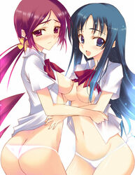 2girls :d areolae ass ass_cleavage bangs blue_eyes blue_hair blush bow bowtie breasts butt_crack closed_mouth clothing collared_shirt cowboy_shot erika_kurumi eyebrows eyebrows_visible_through_hair eyelashes floating_hair flower glowing groin hair_flower hair_ornament heartcatch_precure! leaning leaning_forward legs_together long_hair looking_away looking_to_the_side lowleg lowleg_panties medium_breasts midriff multiple_girls navel nipples no_bra nose_blush open_clothes open_mouth open_shirt panties partially_undressed pink_eyes pink_hair ponytail precure pretty_cure red_bow red_bowtie ro-ga_(kurumaya) shirt short_sleeves sidelocks small_breasts smile standing stomach straight_hair tareme tongue tsubomi_hanasaki underwear white_panties white_shirt yuri